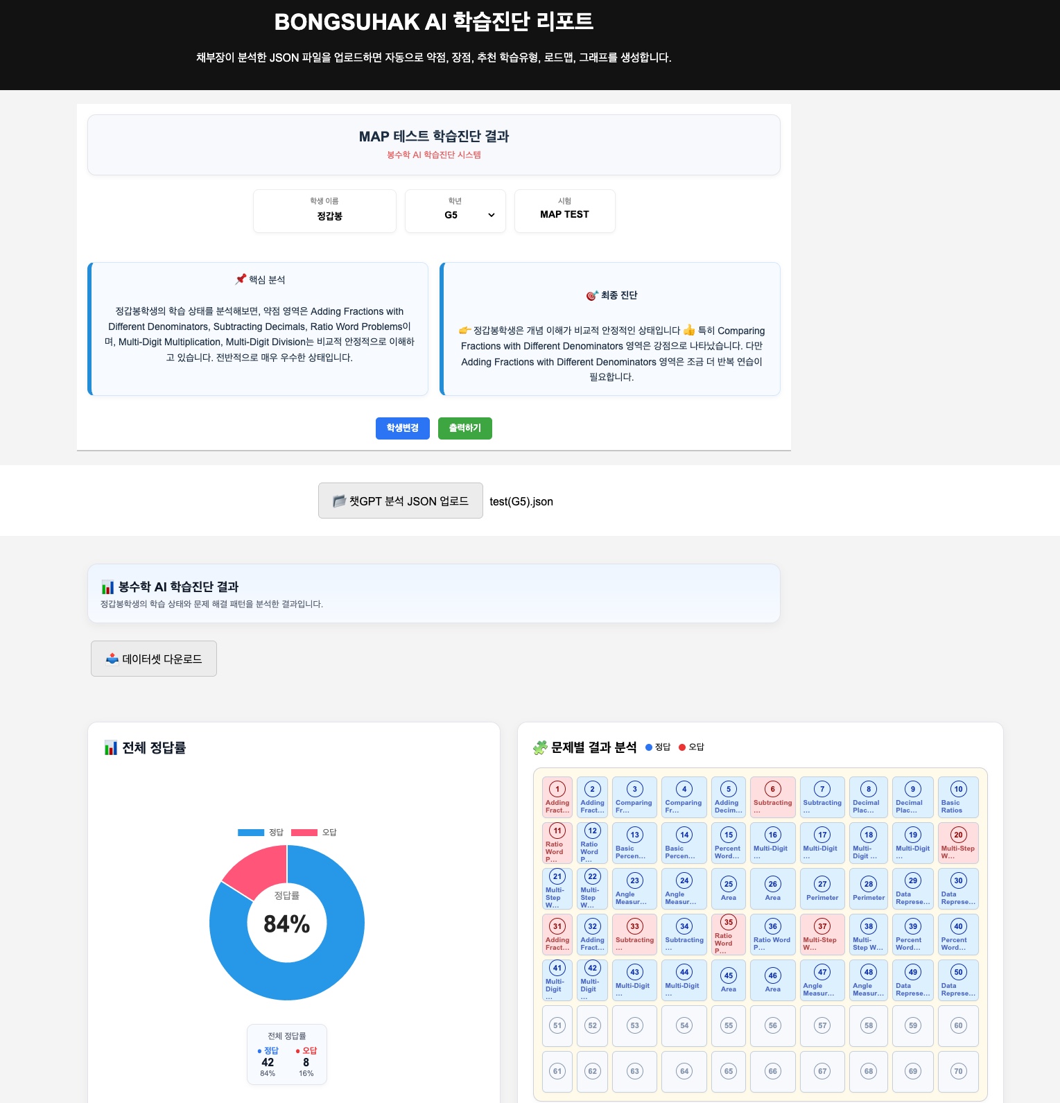 BongMath AI 학습진단 리포트 화면